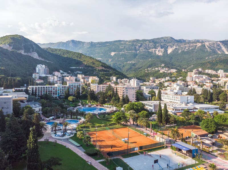 Becici, Montenegro - June 11.2019. View of hotels in popular resort village of Becici royalty free stock photography Becici, Montenegro - June 11.2019. View of hotels in popular resort village of Becici royalty free stock photography