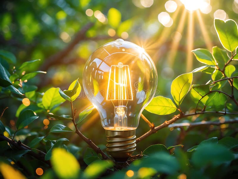 Becul Edison strălucitor cuibărit printre frunze verzi vibrante ramuri cu lumină naturală vector illustration