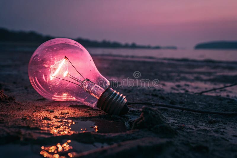 Becul luminos din sticlă luminos strălucitor roz în întuneric setare generat de ai stock illustration