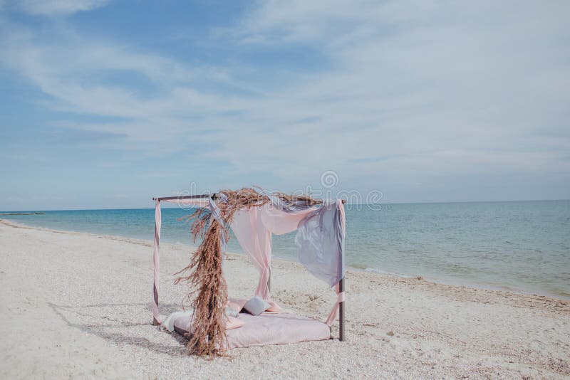 Bed on the Beach Under an Awning Stock Image Image of romantic, sand