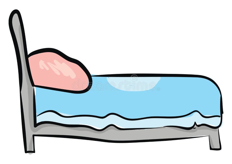 A bed with blue blanket, vector or color illustration. A drawing of a bed in horizontal position, with blue blanket, with pink pillow, with gray frame, vector vector illustration A bed with blue blanket, vector or color illustration. A drawing of a bed in horizontal position, with blue blanket, with pink pillow, with gray frame, vector vector illustration