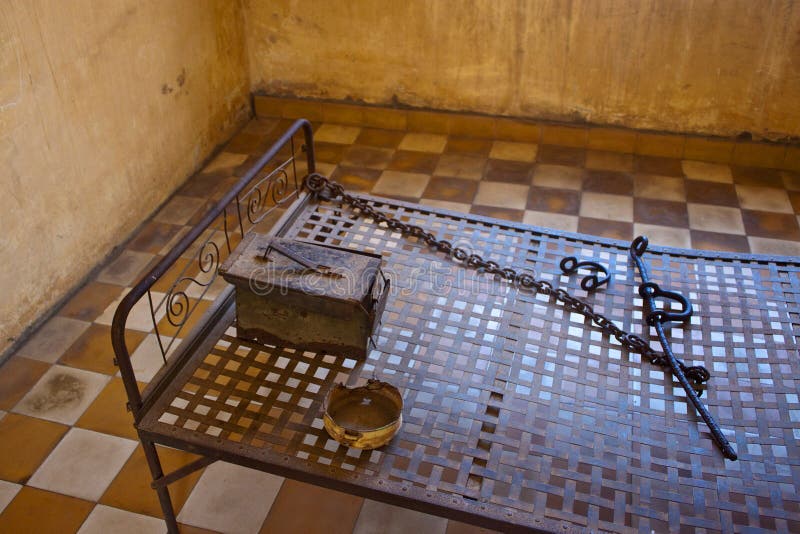 Bed in a cell in Tuol Sleng (S21) Prison