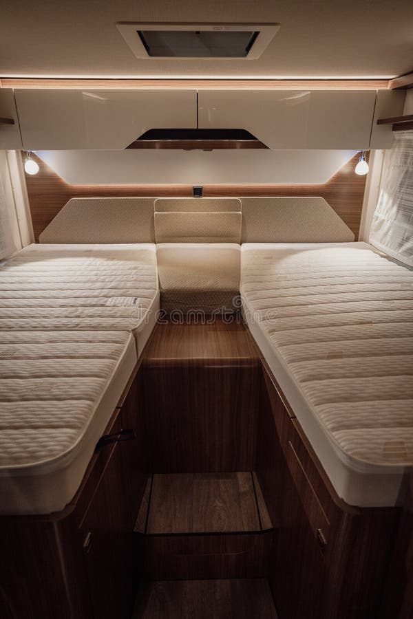 Bed Inside a New Luxury Camper Van Motorhome Stock Image Image of