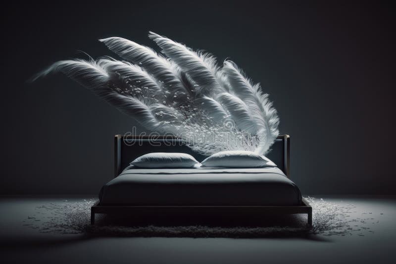 Bed with Flying Feathers. Creative Design Concept. Ai Generation Stock