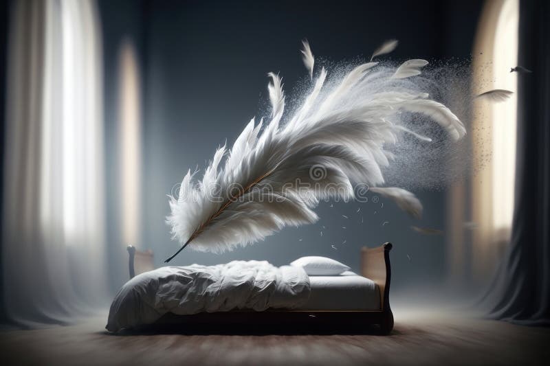 Bed with Flying Feathers. Creative Design Concept. Ai Generation Stock