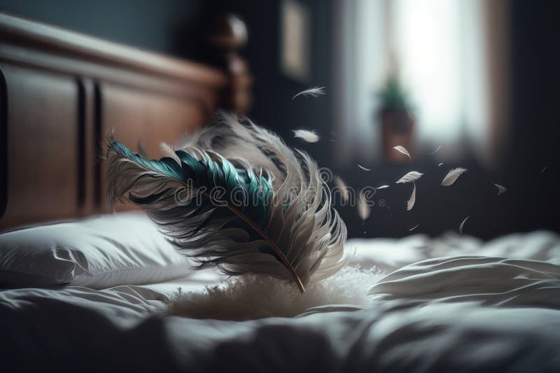Bed with Flying Feathers. Creative Design Concept. Ai Generation Stock