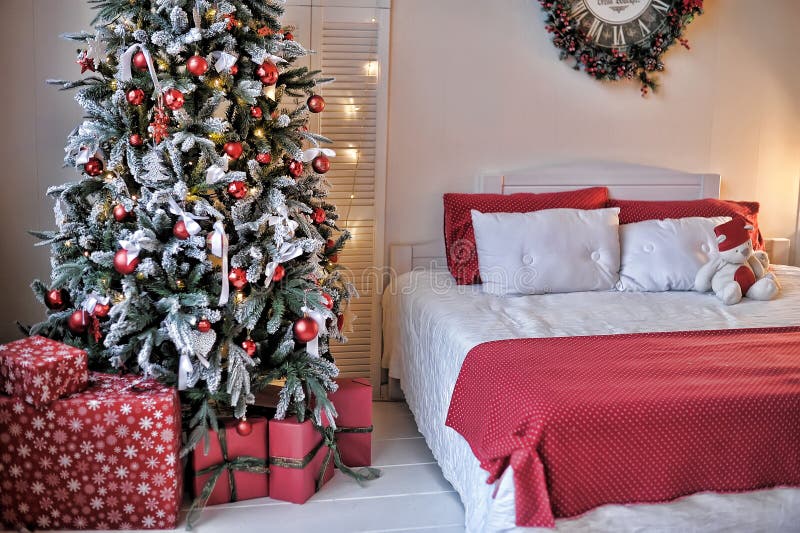 Bed Next To the Christmas Tree Stock Image Image of element, bedroom