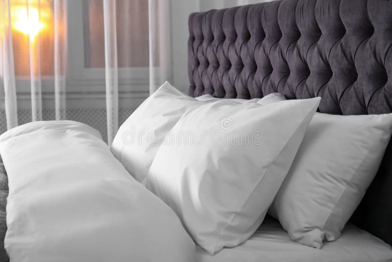 Bed with Soft Fluffy Pillows Stock Image Image of element, mattress