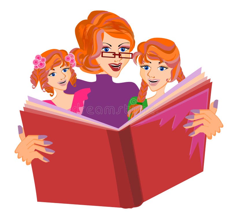 Bed time story concept. Mother telling a story to her daughters isolated vector