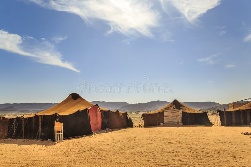 Bedouin tent with clear blue sky above it