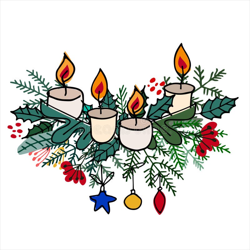 Bedreiging met kerstboomtakken, bubbels, siervoorwerpen, kaarsen