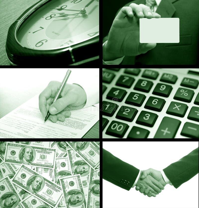 Business collage. 6 images in green tone. Business collage. 6 images in green tone