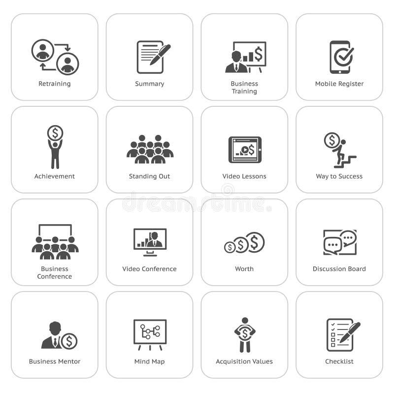 Bedrijfs het Trainen Pictogramreeks Online lerend Vlak Ontwerp vector illustratie Bedrijfs het Trainen Pictogramreeks Online lerend Vlak Ontwerp vector illustratie