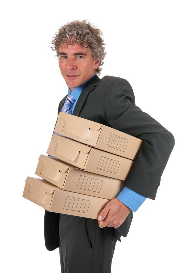 Business man with pile carton archive boxes. Business man with pile carton archive boxes