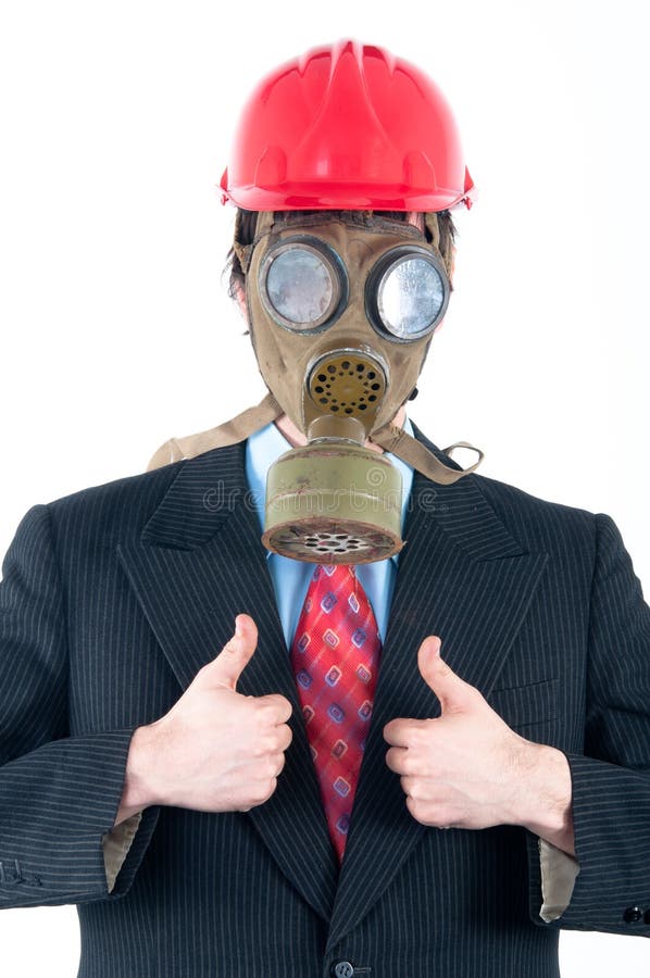 Bedrijfs mens met gasmasker en helm royalty-vrije stock afbeeldingen Bedrijfs mens met gasmasker en helm royalty-vrije stock afbeeldingen