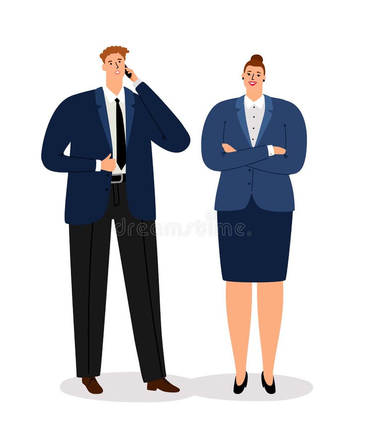 Business couple. Young executive businessman and professional satisfied businesswoman isolated on white background vector illustration. Business couple. Young executive businessman and professional satisfied businesswoman isolated on white background vector illustration