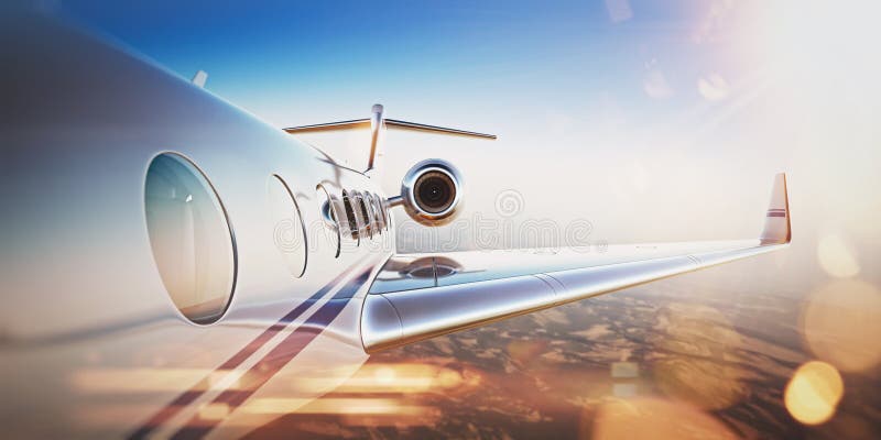 Bedrijfs reisconcept Generisch ontwerp van witte luxe privé straal die in blauwe hemel bij zonsondergang vliegt Verlaten woestijn