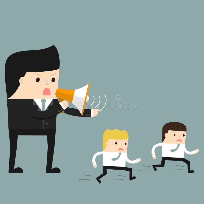 Business situation. Boss commanding officers into a megaphone. Employees run work. Vector illustration. Business situation. Boss commanding officers into a megaphone. Employees run work. Vector illustration.