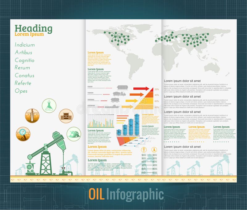 Bedrijfs vlakke drie vouwenontwerpsjabloon met vlakke gasinstallatie of olie derrik en informatie Moderne vector royalty-vrije illustratie Bedrijfs vlakke drie vouwenontwerpsjabloon met vlakke gasinstallatie of olie derrik en informatie Moderne vector royalty-vrije illustratie