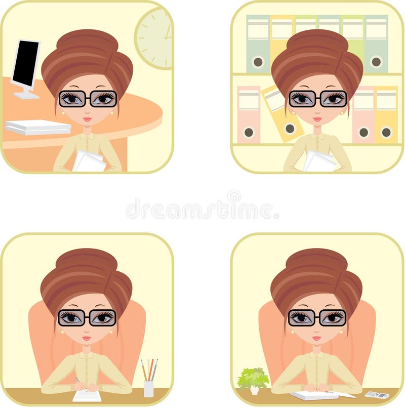 Bedrijfs vrouw in bureau. Vier pictogrammen. vector. vector illustratie Bedrijfs vrouw in bureau. Vier pictogrammen. vector. vector illustratie