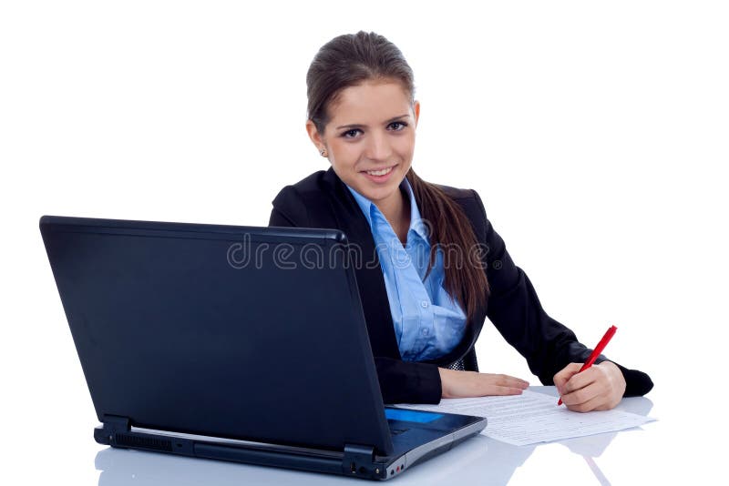 Bedrijfs vrouw die bij haar bureau werkt royalty-vrije stock afbeelding Bedrijfs vrouw die bij haar bureau werkt royalty-vrije stock afbeelding
