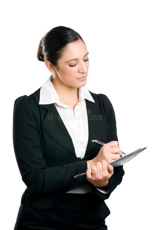 Beautiful business woman taking notes on her clipboard isolated on white background. Beautiful business woman taking notes on her clipboard isolated on white background