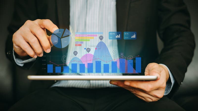 Businessman investment consultant analyzing company financial report balance statement working with digital augmented reality graphics. Concept for business, economy and marketing. Businessman investment consultant analyzing company financial report balance statement working with digital augmented reality graphics. Concept for business, economy and marketing.