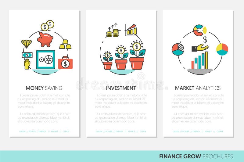 Bedrijfsbrochuremalplaatje met de Lineaire Dunne Pictogrammen van de Financiëninvestering vector illustratie Bedrijfsbrochuremalplaatje met de Lineaire Dunne Pictogrammen van de Financiëninvestering vector illustratie