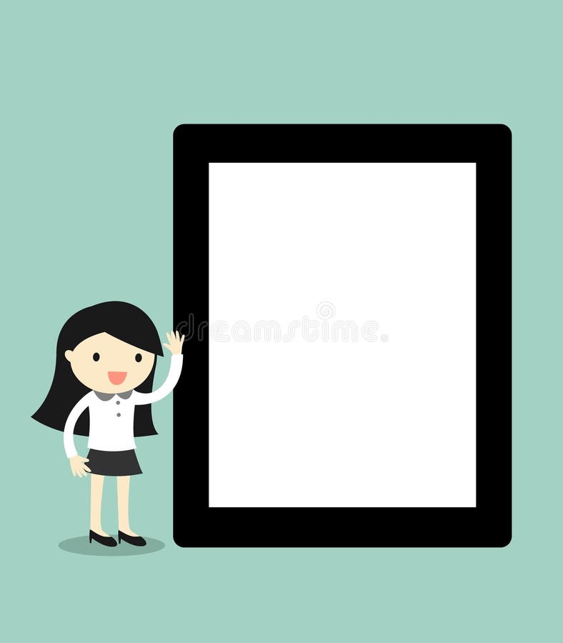 Bedrijfsconcept, de holdingstablet van de Beeldverhaalonderneemster met het lege scherm Vector illustratie stock illustratie Bedrijfsconcept, de holdingstablet van de Beeldverhaalonderneemster met het lege scherm Vector illustratie stock illustratie