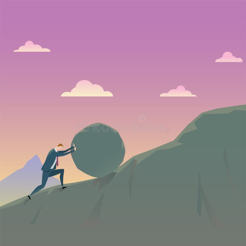 Bedrijfsconcept het Veroveren van Ongelukzakenman die een rotshelling duwt stock illustratie Bedrijfsconcept het Veroveren van Ongelukzakenman die een rotshelling duwt stock illustratie