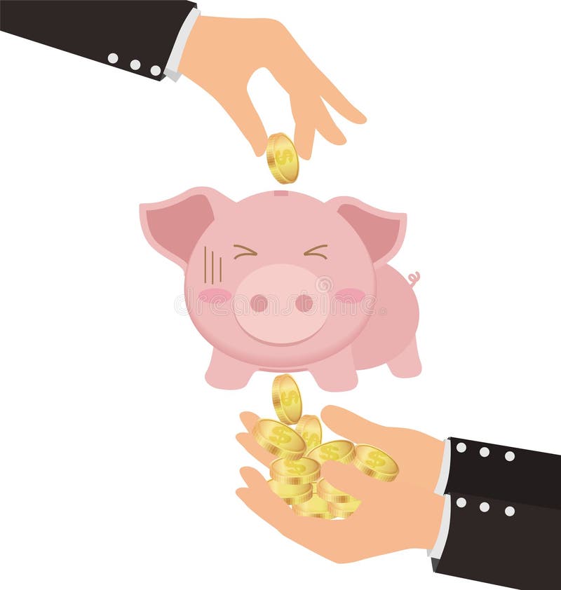 Bedrijfshand die Gouden Muntstuk zetten in Leuk Spaarvarken maar Geworden Gestolen vector illustratie Bedrijfshand die Gouden Muntstuk zetten in Leuk Spaarvarken maar Geworden Gestolen vector illustratie