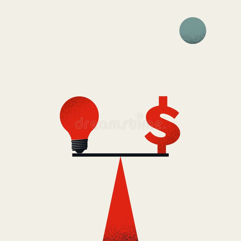 Bedrijfsinvestering in nieuw opstarten of idee vectorconcept. evenwicht tussen idee en geld. symbool van ambitie.