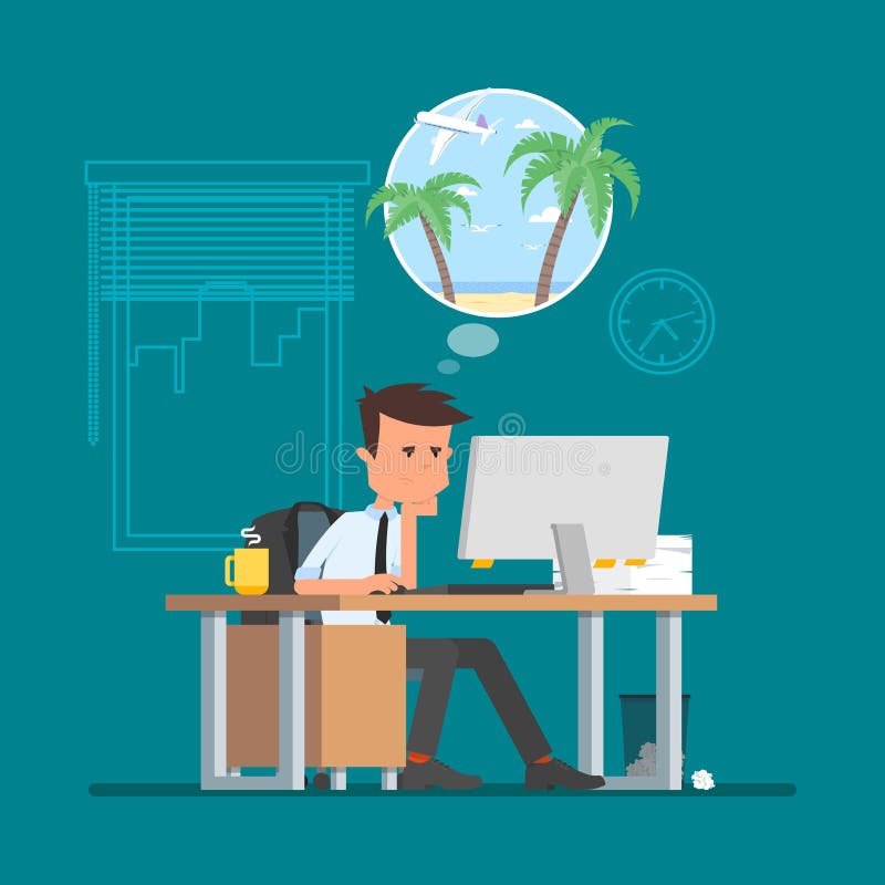 Bedrijfsmens die hard en over vakantie op een strand dromen werken Vectorillustratie in vlakke beeldverhaalstijl vector illustratie Bedrijfsmens die hard en over vakantie op een strand dromen werken Vectorillustratie in vlakke beeldverhaalstijl vector illustratie