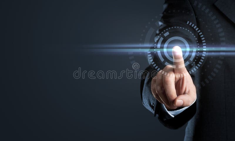 Bedrijfsmens wat betreft virtuele interfaceknoop royalty-vrije stock afbeelding Bedrijfsmens wat betreft virtuele interfaceknoop royalty-vrije stock afbeelding