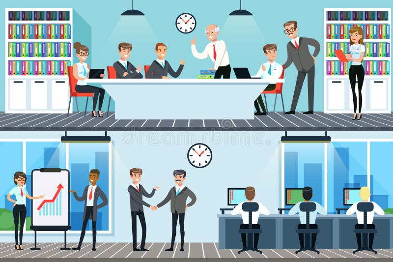 Bedrijfsmensen die in bureaureeks, mannen en vrouwen werken die conferentie hebben en voor bedrijfs horizontale samenwerking same stock illustratie Bedrijfsmensen die in bureaureeks, mannen en vrouwen werken die conferentie hebben en voor bedrijfs horizontale samenwerking same stock illustratie