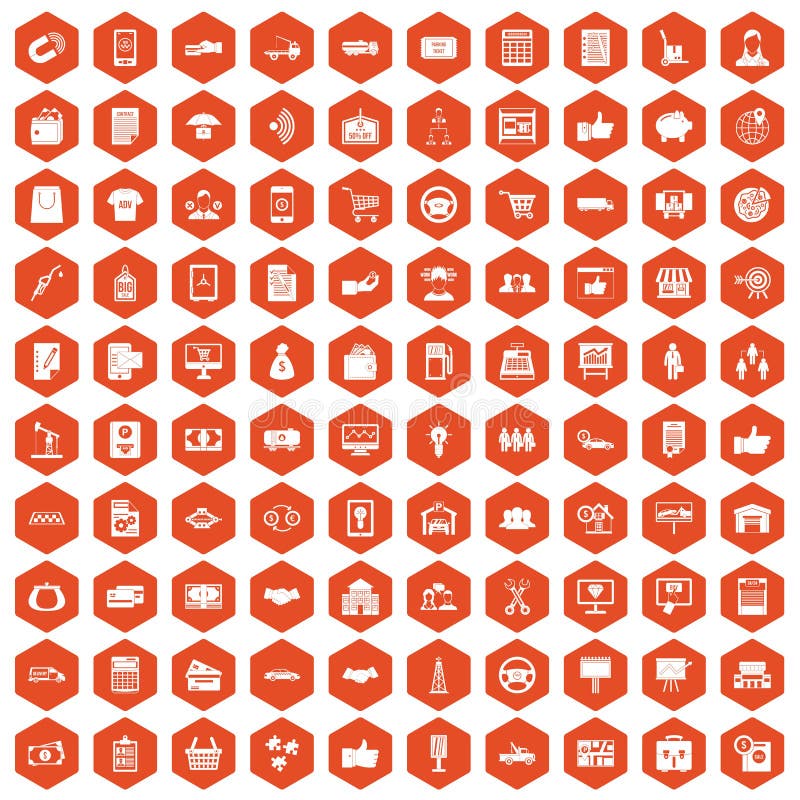 100 business icons set in orange hexagon isolated vector illustration. 100 business icons set in orange hexagon isolated vector illustration