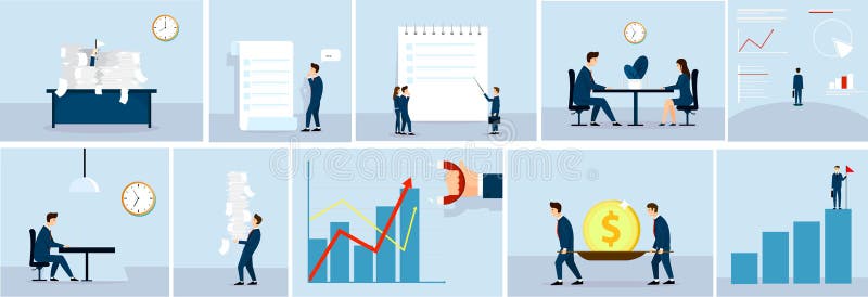 Bedrijfssituatieconcept, bedrijfsmensen op het werk Administratie Ventilatorillustratie Grafiek, die maakt geld, Vector de spreke vector illustratie Bedrijfssituatieconcept, bedrijfsmensen op het werk Administratie Ventilatorillustratie Grafiek, die maakt geld, Vector de spreke vector illustratie