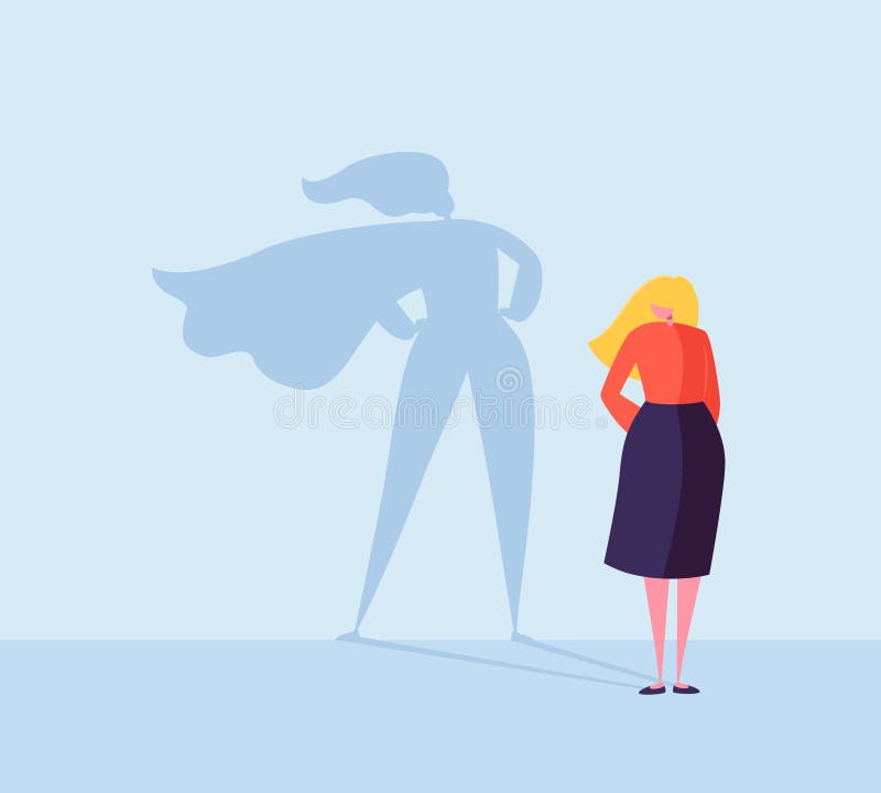 Bedrijfsvrouw met een Super Heldenschaduw Vrouwelijk Karakter met Kaapsilhouet Onderneemster Leadership Motivation