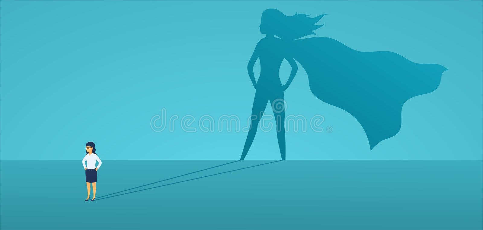 Bedrijfsvrouw met grote schaduwsuperhero Super managerleider in zaken Concept succes, kwaliteit van leiding Bedrijfsvrouw met grote schaduwsuperhero Super managerleider in zaken Concept succes, kwaliteit van leiding
