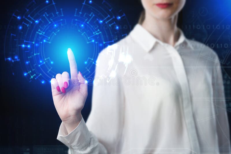Bedrijfsvrouw wat betreft het virtuele scherm stock afbeelding Bedrijfsvrouw wat betreft het virtuele scherm stock afbeelding