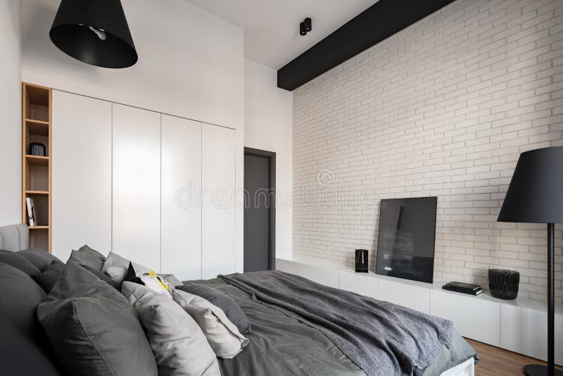 Bedroom with White Brick Wall Stock Image Image of frame, house 141303989