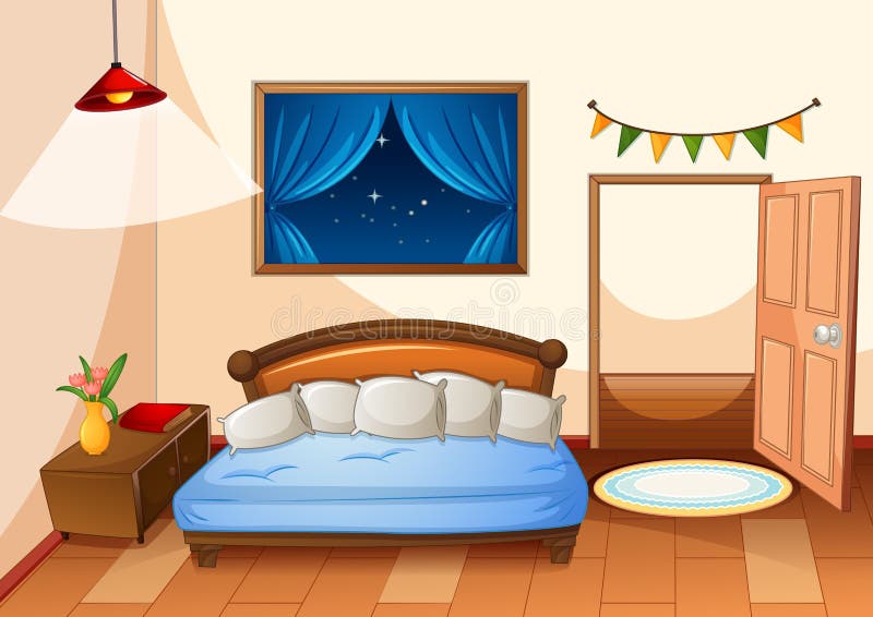 Bedroom Cartoon Style at Night Scene Stock Vector - Illustration of