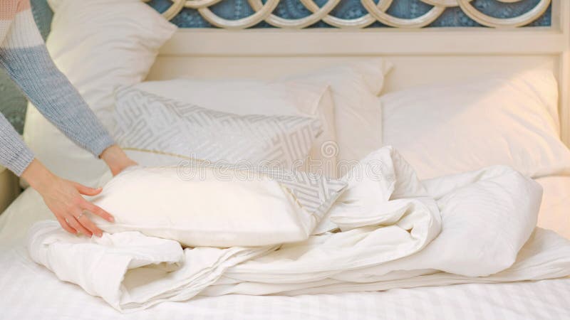 Bedroom comfort bedding sheets woman making bed
