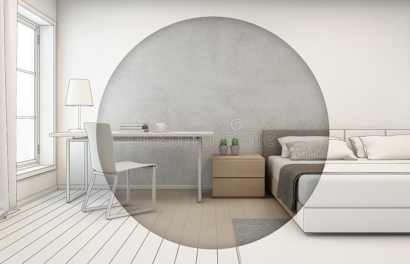 Bedroom with concrete wall background in modern house, Interior sketch design of home office