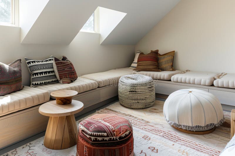 Bedroom Corner with a Floor Seating Area, Poufs, and Low Tables Stock
