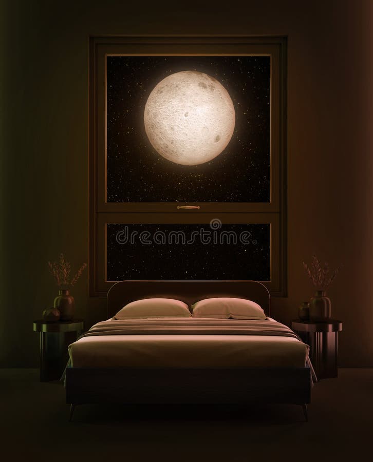 Bedroom in the Full Moon Night with Moonlight Drop through the Window