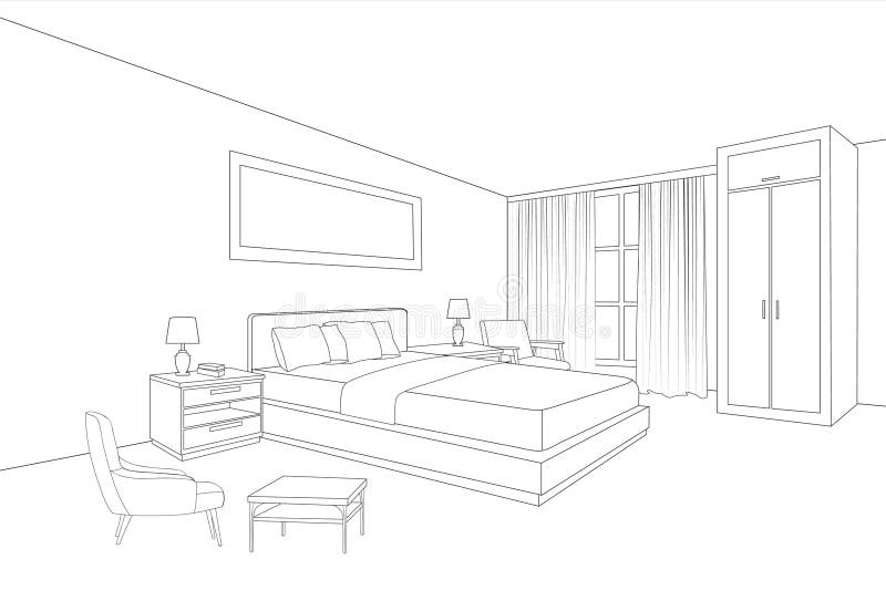 Bedroom Furniture Interior Room Line Sketch Drawing Stock