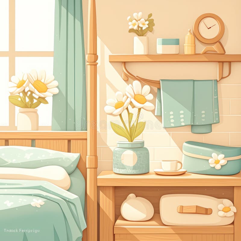 Bedroom Illustration with Sunbeams Shining on the Bedside Table royalty free illustration