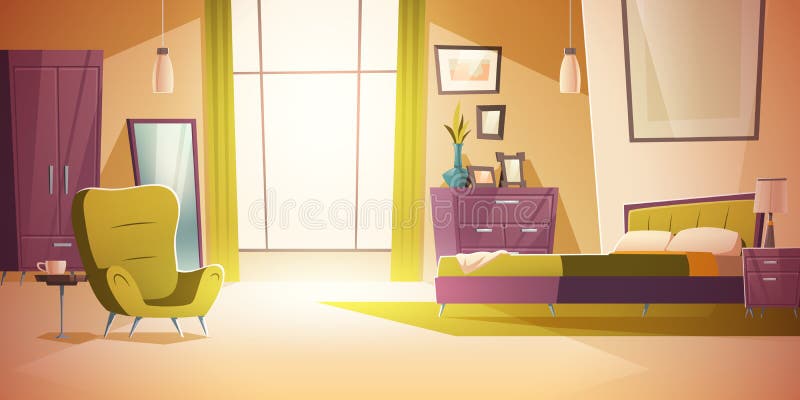 Bedroom Interior Cartoon, Double Bed, Wardrobe Stock Vector