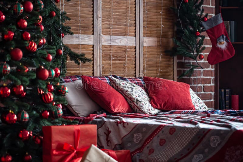 Bedroom Interior with Christmas Tree and Decor Details. Stock Image